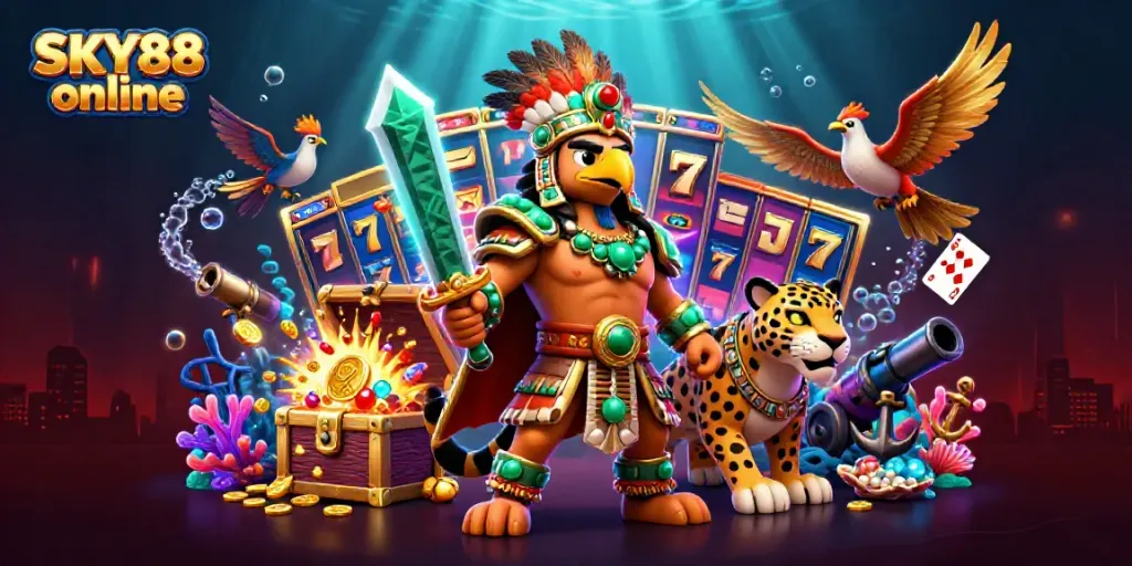 Experience the excitement of SKY88 online with dynamic slot elements and engaging characters.