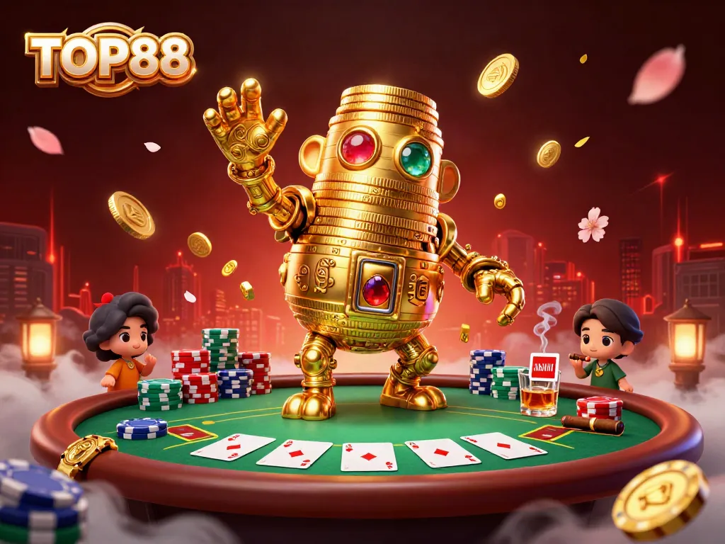 Join the excitement of TOP88 with a golden golem and vibrant poker scene, highlighting thrilling gameplay.