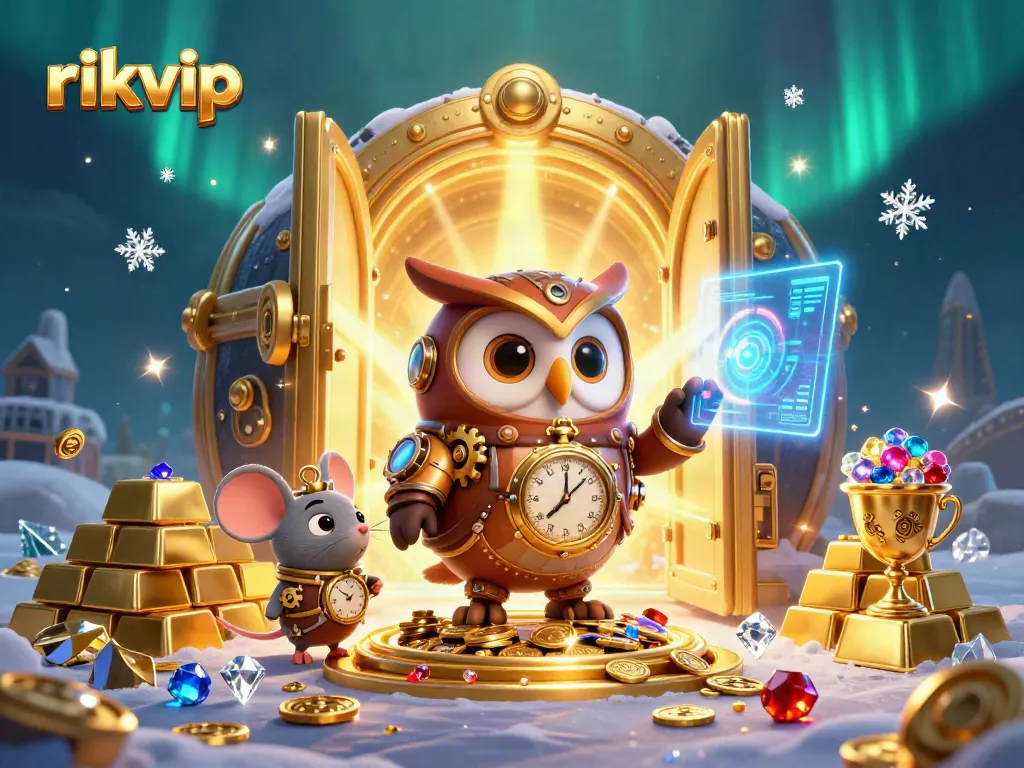 Engage with rikvip in a vibrant online casino scene featuring a time-traveler owl and treasures.