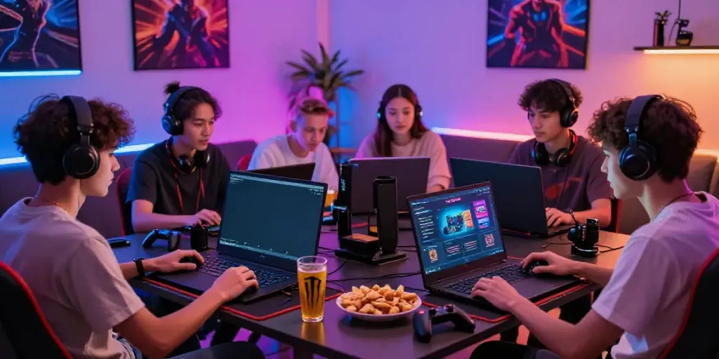 KAYU77 online gaming setup with friends enjoying snacks and strategy discussions.