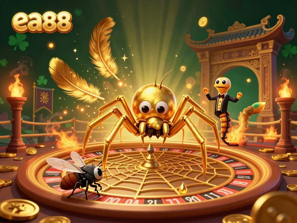 Experience the excitement of ea88 with this vibrant casino scene of a spider, fly, and centipede in a roulette wheel.