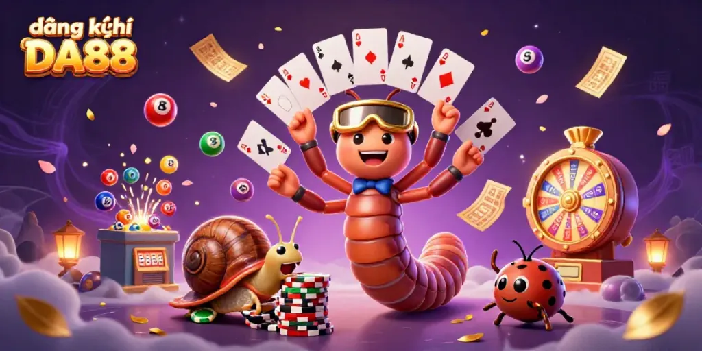 Join the excitement with đăng ký DA88 as colorful lottery balls and casino delights surround the animated characters.