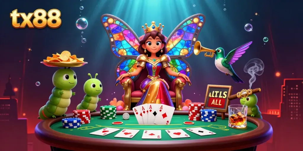 Experience the vibrant tx88 casino scene with a butterfly queen and poker elements, embodying excitement.