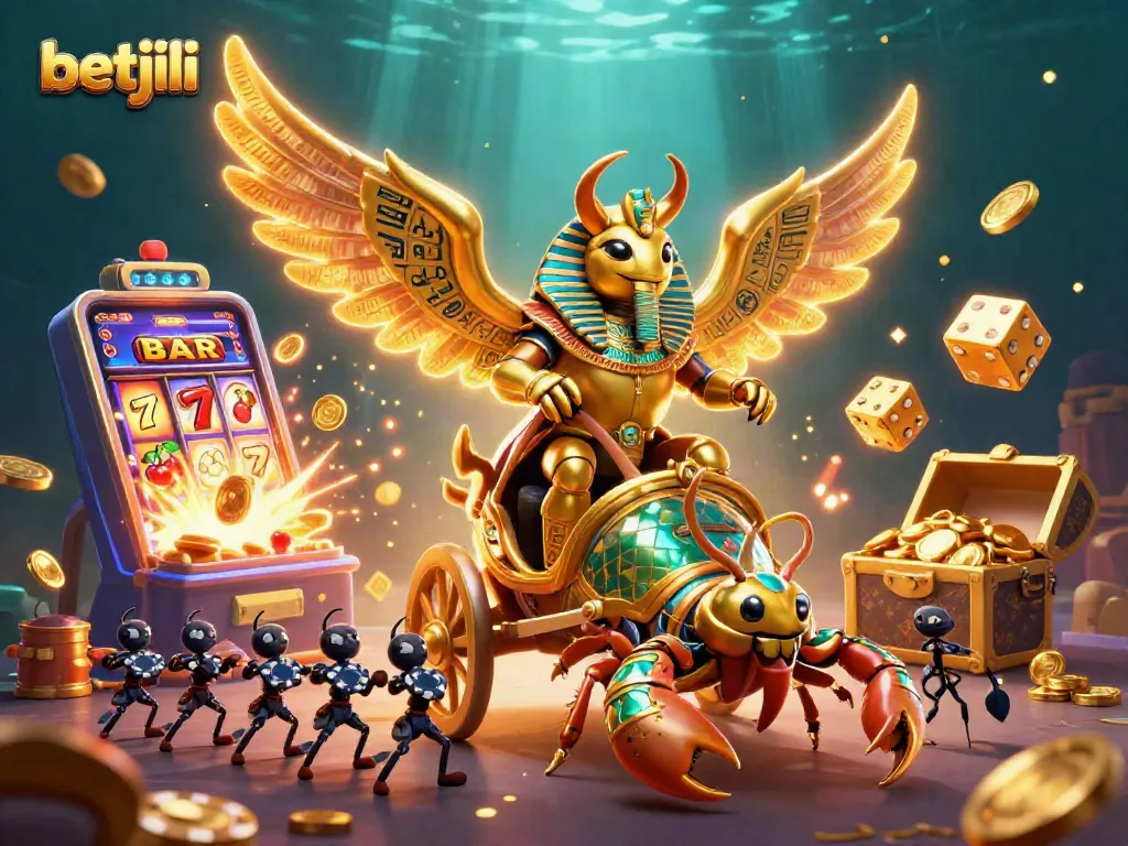 Experience excitement with betjili's animated casino scene featuring a golden scarab beetle and jackpot elements.
