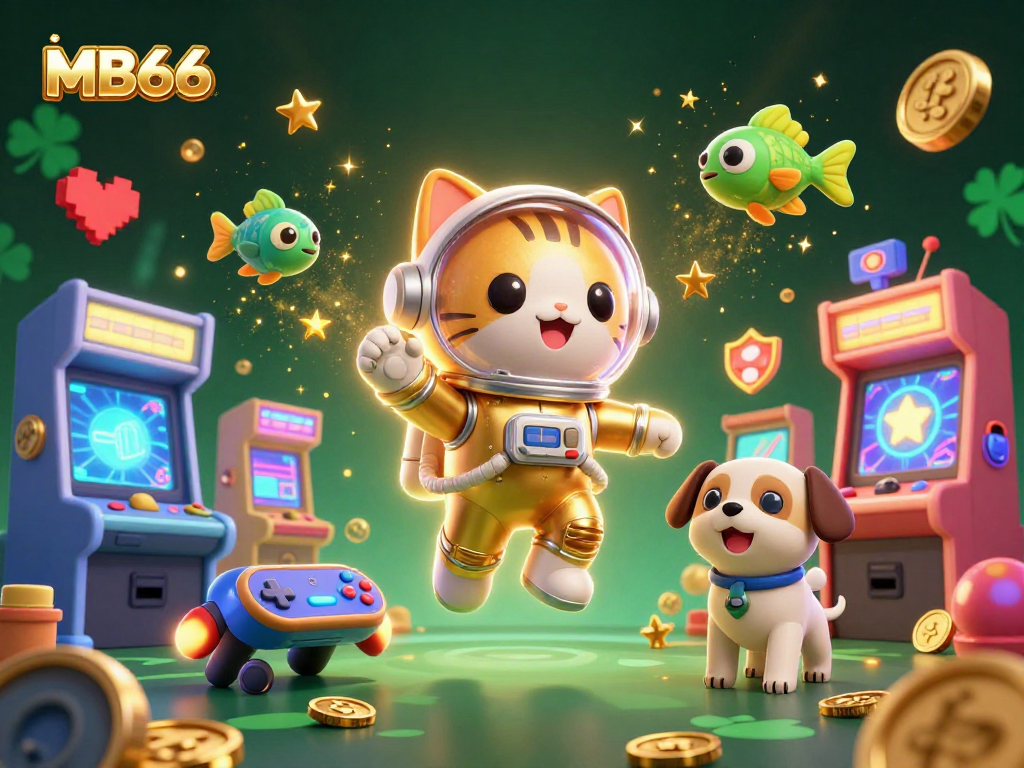 Experience the thrills of MB66 with a playful space cat and a robot dog in this lively casino scene.