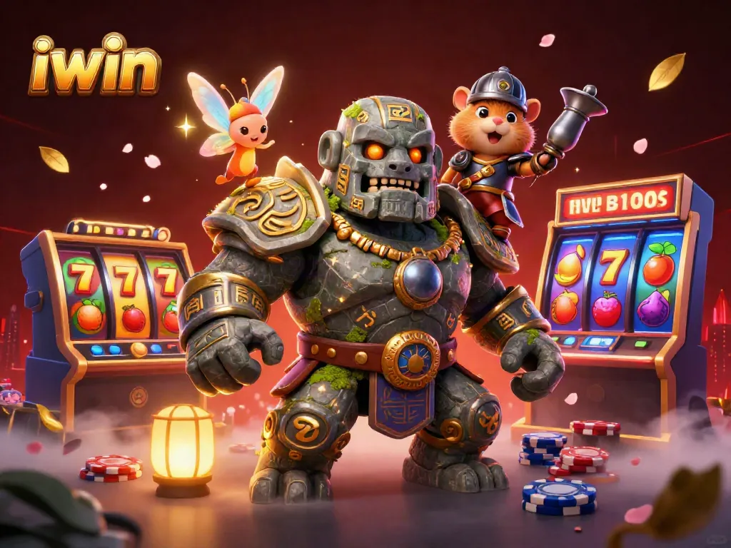 Experience the excitement with iwin's vibrant casino scene featuring a mystical golem, fairy magic, and dynamic slot elements.