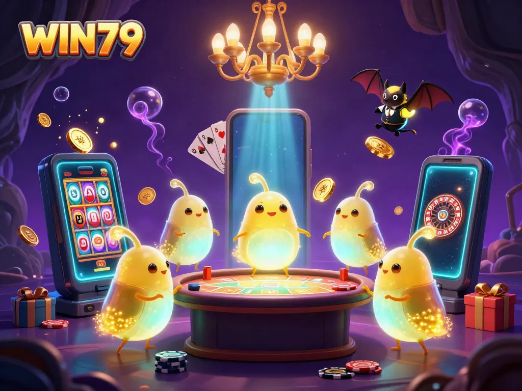 Experience the vibrant glow of WIN79 casino filled with animated glowworms and festive gaming action.