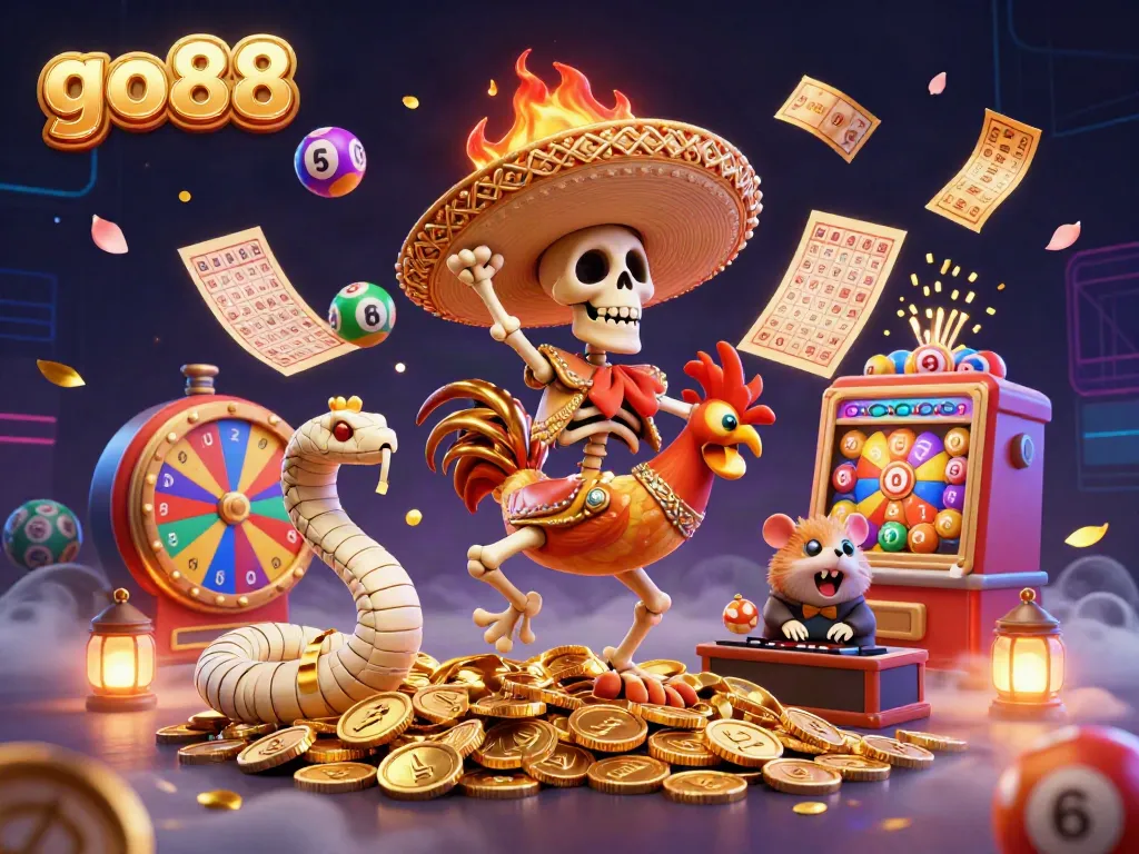 Join the excitement at go88 with a vibrant 3D scene of animated casino elements and characters celebrating a jackpot.